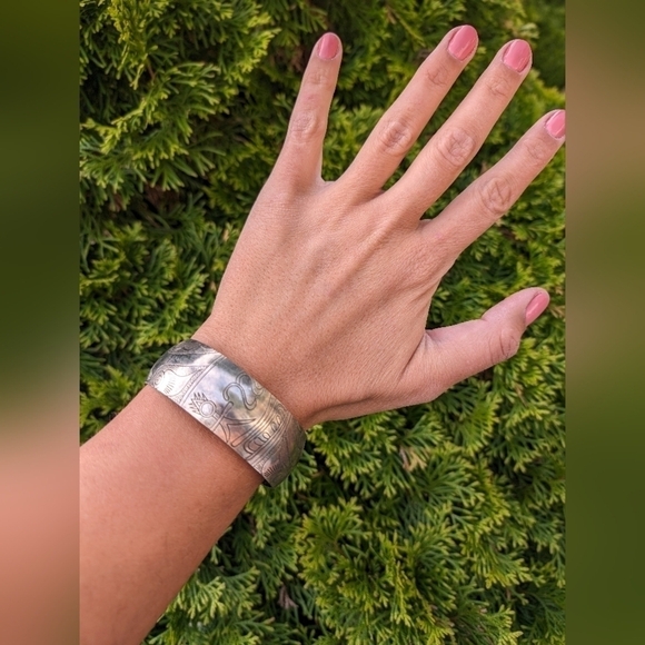 Moroccan Women's Cooperative Handmade Berber Silver Etched Cuff Bracelet - Picture 2 of 8